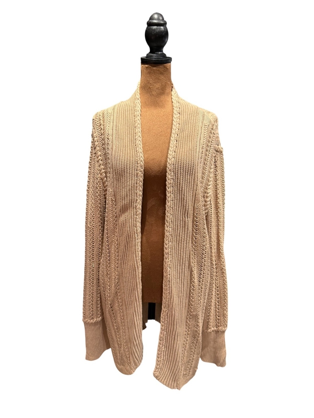 Magaschoni Beige Open Front Cable Knit Cardigan Sweater